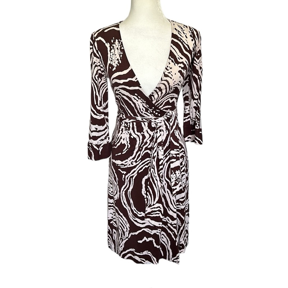Diane Von Furstenberg vintage DVF brown & cream silk wraparound dress size 2